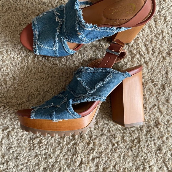 Blue and Brown Platform Sandals with Chunky Heel - Picture 1 of 5